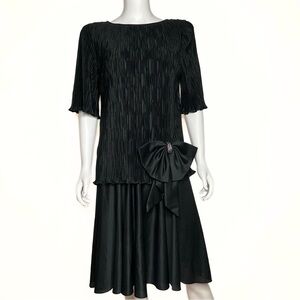 Vintage 80s After Dark Black Pleated Bow Dress Women SZ 8 Evening Sophistication